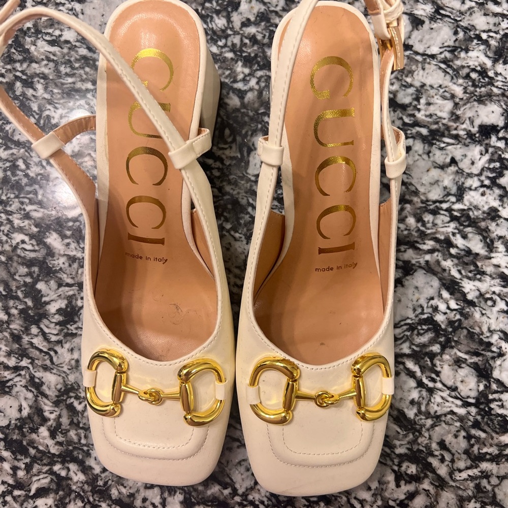 White Slingback block heels